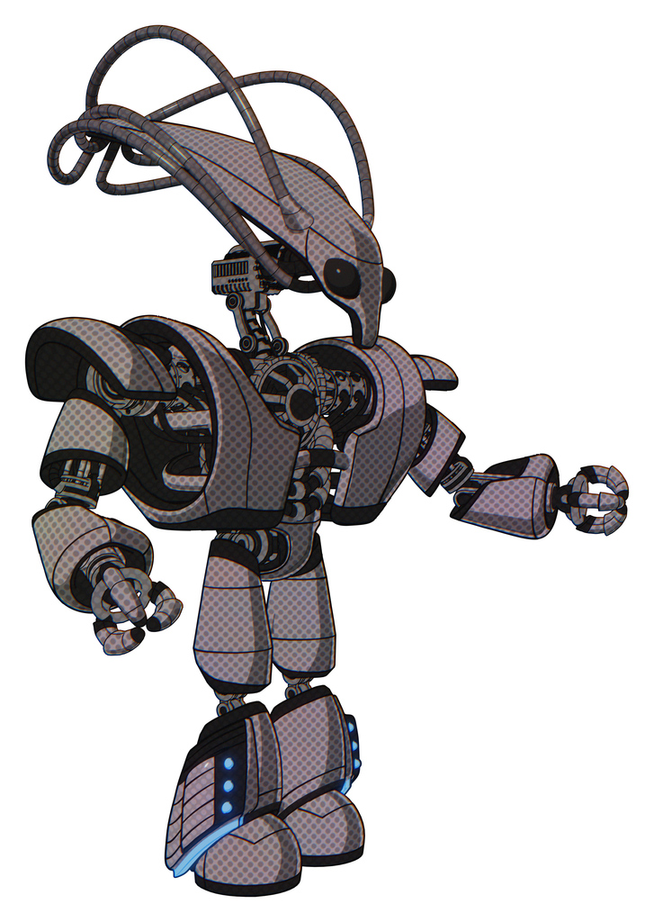 Droid containing flat elongated skull head and cables and heavy upper chest and heavy mech chest and light leg exoshielding and megneto-hovers foot mod. Halftone gray. Interacting.