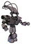 Droid containing flat elongated skull head and cables and heavy upper chest and heavy mech chest and light leg exoshielding and megneto-hovers foot mod. Halftone gray. Interacting.