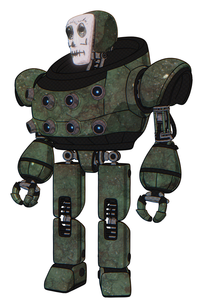 Bot containing humanoid face mask and skeleton war paint and heavy upper chest and chest energy sockets and prototype exoplate legs. Old corroded copper. Standing looking right restful pose.