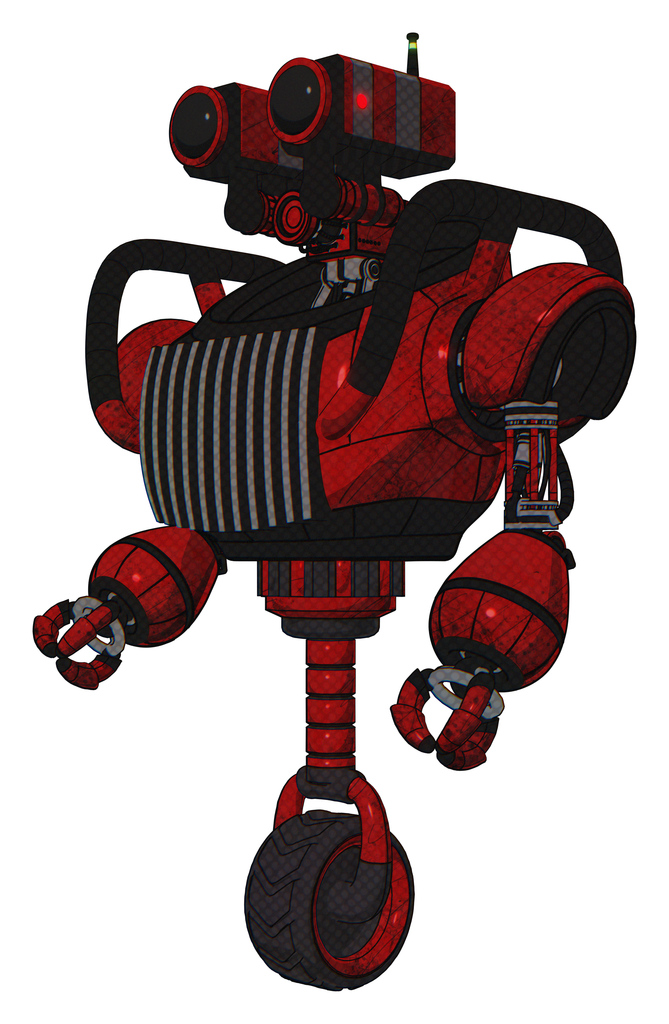 Robot containing dual retro camera head and heavy upper chest and chest vents and unicycle wheel. Red blood grunge material. Facing right view.