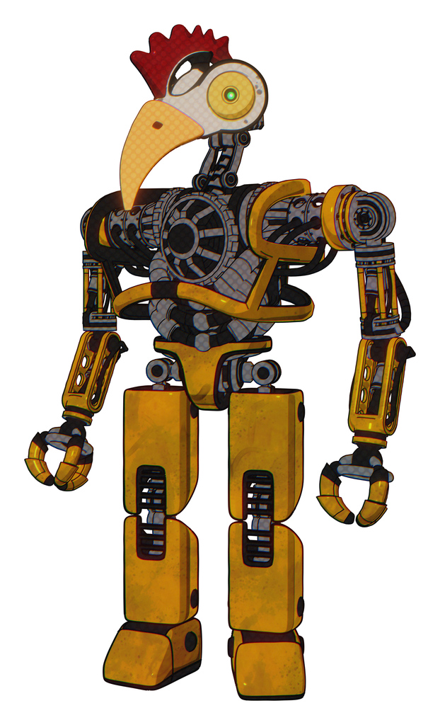 Cyborg containing bird skull head and brass steampunk eyes and chicken design and heavy upper chest and no chest plating and prototype exoplate legs. Worn construction yellow.