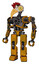 Cyborg containing bird skull head and brass steampunk eyes and chicken design and heavy upper chest and no chest plating and prototype exoplate legs. Worn construction yellow.