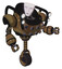 Robot containing humanoid face mask and heavy upper chest and chest energy sockets and shoulder headlights and unicycle wheel. Old copper. Fight or defense pose..