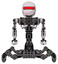 Droid containing round head and horizontal red visor and heavy upper chest and no chest plating and insect walker legs. White halftone toon. Front view.