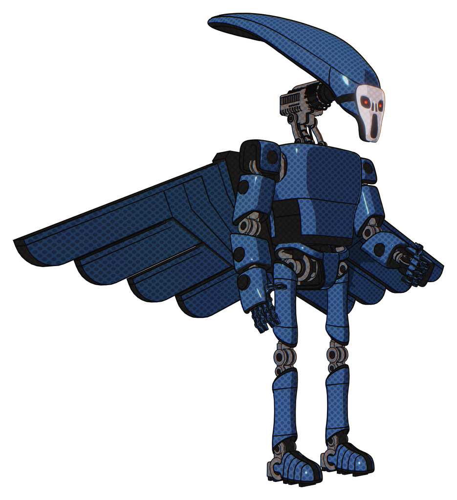 Mech containing flat elongated skull head and light chest exoshielding and prototype exoplate chest and pilot's wings assembly and ultralight foot exosuit. Blue halftone. Facing left view.