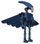Mech containing flat elongated skull head and light chest exoshielding and prototype exoplate chest and pilot's wings assembly and ultralight foot exosuit. Blue halftone. Facing left view.