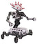 Bot containing red and white cone dome head and heavy upper chest and no chest plating and insect walker legs. White halftone toon. Interacting.