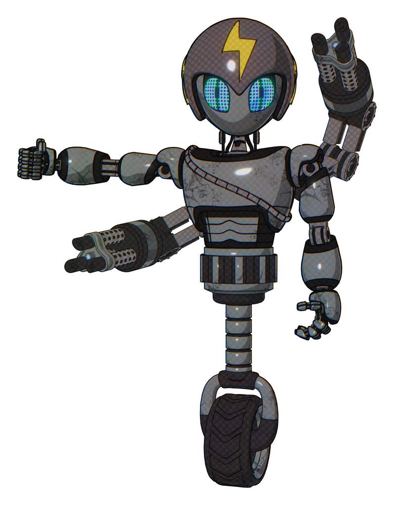 Droid containing grey alien style head and blue grate eyes and lightning bolts and gray helmet and light chest exoshielding and cable sash and minigun back assembly and unicycle wheel.