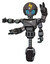 Droid containing grey alien style head and blue grate eyes and lightning bolts and gray helmet and light chest exoshielding and cable sash and minigun back assembly and unicycle wheel.