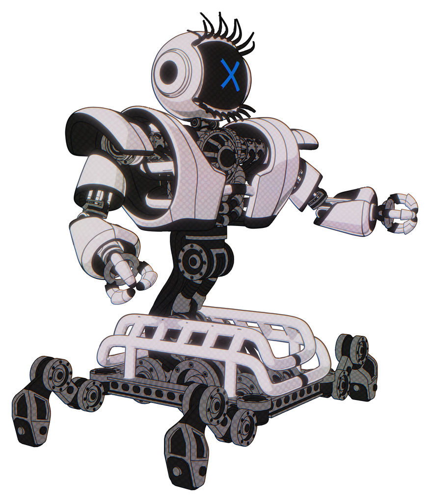 Mech containing digital display head and x face and eye lashes deco and heavy upper chest and heavy mech chest and insect walker legs. White halftone toon. Interacting.
