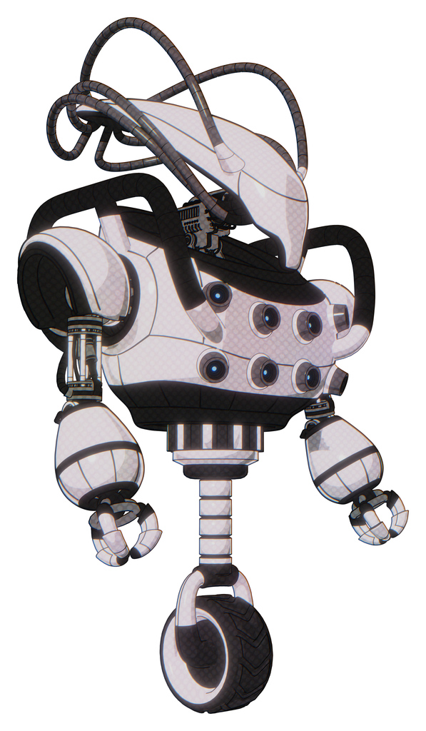 Droid containing flat elongated skull head and cables and heavy upper chest and chest energy sockets and unicycle wheel. White halftone toon. Facing left view.