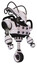 Droid containing flat elongated skull head and cables and heavy upper chest and chest energy sockets and unicycle wheel. White halftone toon. Facing left view.