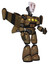 Automaton containing humanoid face mask and blood tears and light chest exoshielding and yellow chest lights and stellar jet wing rocket pack and light leg exoshielding. Old copper. Facing left view.