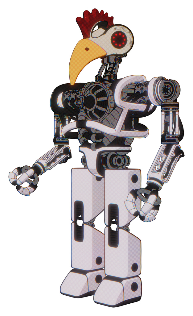 Robot containing bird skull head and red led circle eyes and chicken design and heavy upper chest and no chest plating and prototype exoplate legs. White halftone toon. Facing right view.
