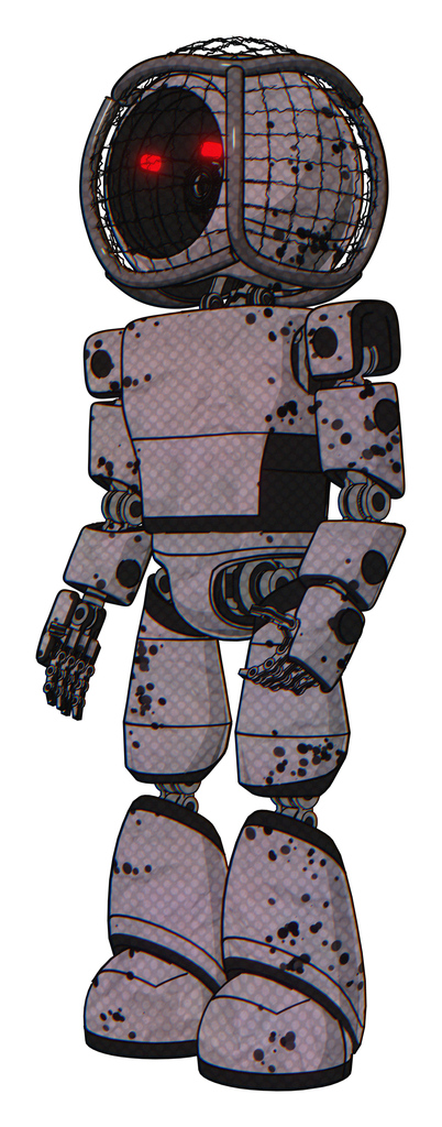 Bot containing round barbed wire round head and light chest exoshielding and prototype exoplate chest and light leg exoshielding. Dark ink dots sketch. Facing right view.