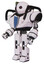 Mech containing oval wide head and small red led eyes and green led ornament and heavy upper chest and blue shield defense design and prototype exoplate legs. White halftone toon. Facing right view.