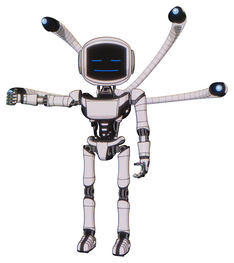 Droid containing digital display head and sleeping face and light chest exoshielding and ultralight chest exosuit and blue-eye cam cable tentacles and ultralight foot exosuit. White halftone toon.