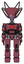 Droid containing flat elongated skull head and cables and light chest exoshielding and red chest button and rocket pack and prototype exoplate legs. Muavewood halftone. Front view.