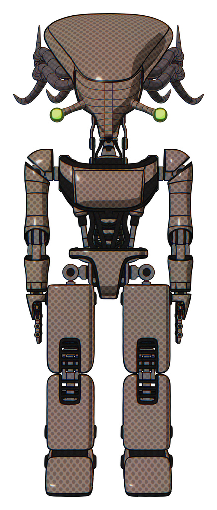 Cyborg containing flat elongated skull head and cables and light chest exoshielding and ultralight chest exosuit and prototype exoplate legs. Khaki halftone. Front view.