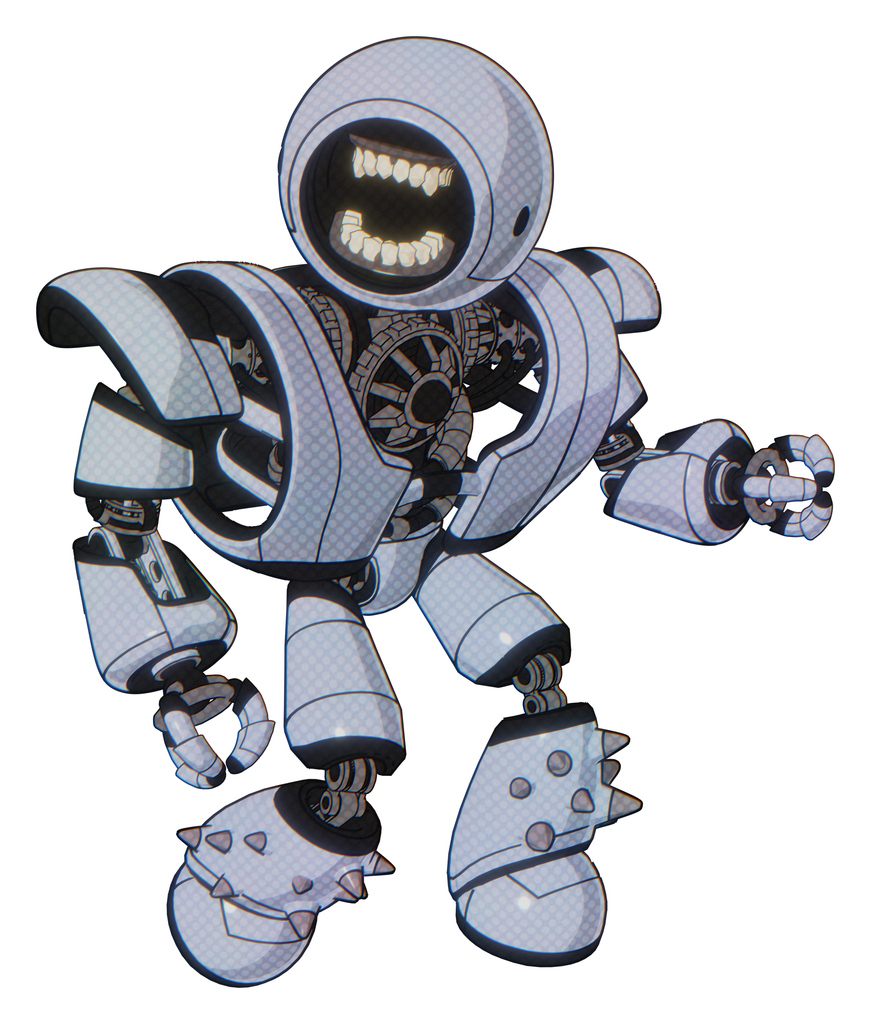 Bot containing round head chomper design and heavy upper chest and heavy mech chest and light leg exoshielding and spike foot mod. Blue tint toon. Fight or defense pose..