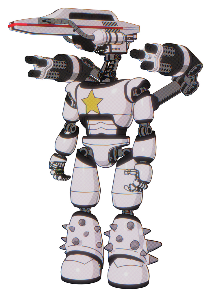 Bot containing dual retro camera head and laser gun head and light chest exoshielding and yellow star and minigun back assembly and light leg exoshielding and spike foot mod. White halftone toon.