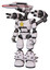 Bot containing dual retro camera head and laser gun head and light chest exoshielding and yellow star and minigun back assembly and light leg exoshielding and spike foot mod. White halftone toon.