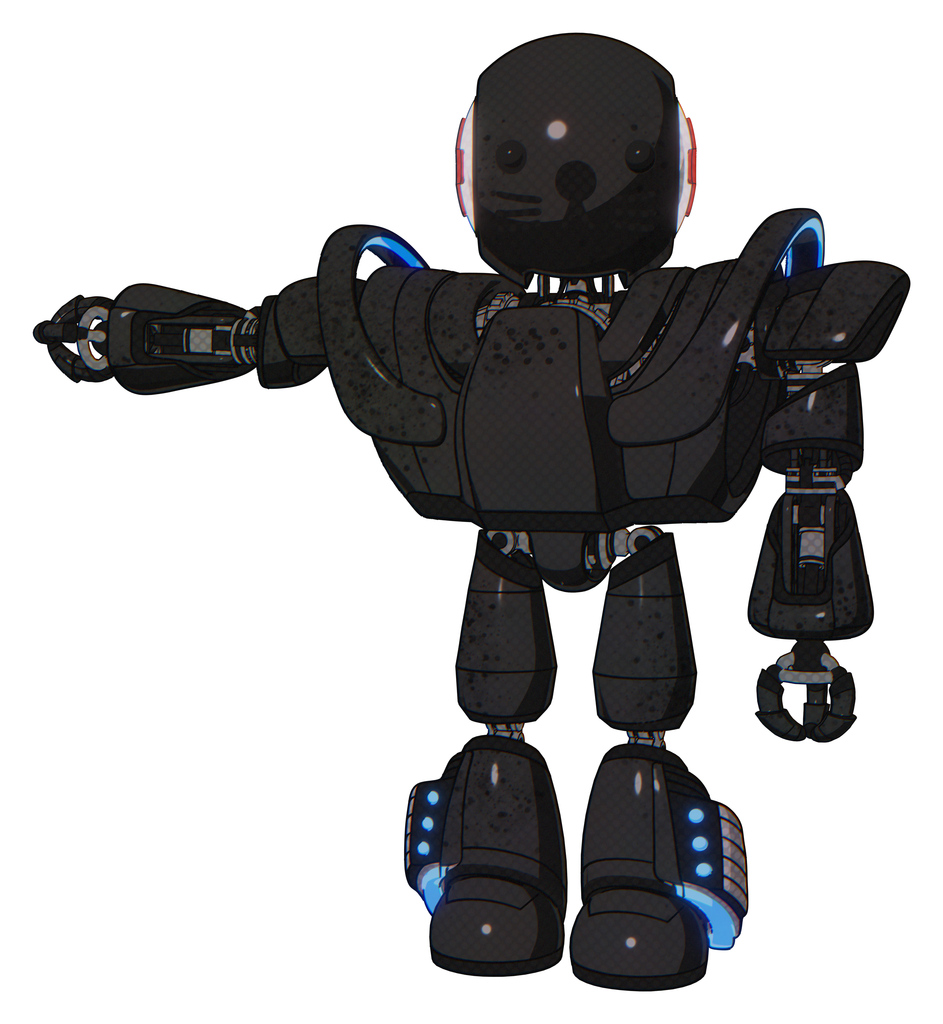 Droid containing round head and first aid emblem and heavy upper chest and heavy mech chest and battle mech chest and light leg exoshielding and megneto-hovers foot mod and cat face. Dirty black.