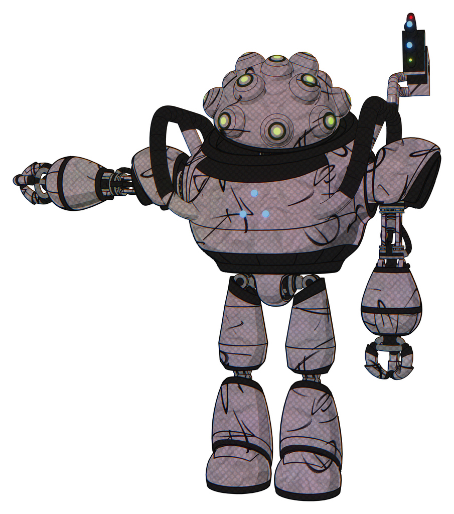 Automaton containing techno multi-eyed domehead design and heavy upper chest and triangle of blue leds and light leg exoshielding. Dark sketch doodle. Arm out holding invisible object..