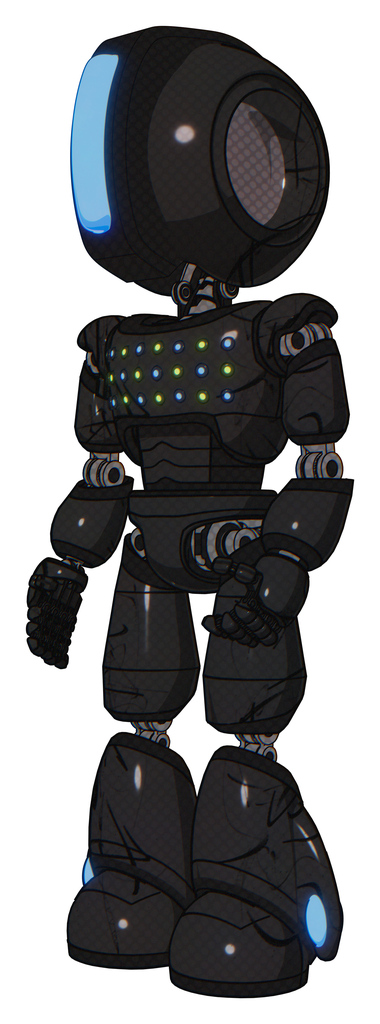 Cyborg containing round head and large vertical visor and light chest exoshielding and chest green blue lights array and light leg exoshielding. Toon black scribbles sketch. Facing right view.