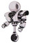 Droid containing round head and heavy upper chest and heavy mech chest and unicycle wheel. White halftone toon. Facing right view.