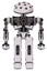Robot containing black sphere cam design and heavy upper chest and no chest plating and prototype exoplate legs. White halftone toon. Front view.