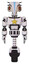 Mech containing bird skull head and red line eyes and head shield design and light chest exoshielding and yellow star and unicycle wheel. White halftone toon. Front view.
