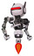 Droid containing round head and horizontal red visor and head winglets and heavy upper chest and no chest plating and jet propulsion. White halftone toon. Hero pose.