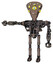 Droid containing flat elongated skull head and yellow eyeball array and heavy upper chest and no chest plating and ultralight foot exosuit. Khaki halftone. Arm out holding invisible object..