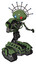 Robot containing oval wide head and giant blue and red led eyes and techno halo ornament and light chest exoshielding and rocket pack and no chest plating and tank tracks. Grass green.