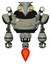 Cyborg containing bird skull head and big yellow eyes and head shield design and heavy upper chest and shoulder headlights and jet propulsion. Green metal. Front view.