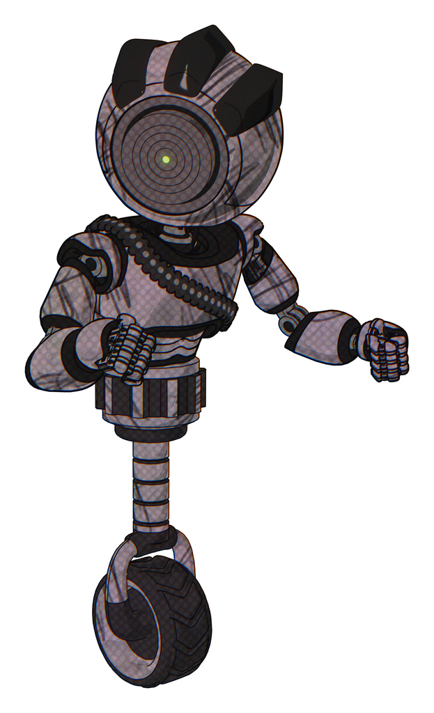 Mech containing green dot eye corn row plastic hair and light chest exoshielding and rubber chain sash and unicycle wheel. Dark sketchy. Fight or defense pose..