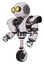 Automaton containing round head and large yellow eyes and heavy upper chest and heavy mech chest and unicycle wheel. White halftone toon. Facing right view.