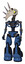 Automaton containing bird skull head and big yellow eyes and light chest exoshielding and no chest plating and light leg exoshielding and stomper foot mod. Blue halftone.