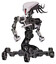 Bot containing flat elongated skull head and cables and heavy upper chest and no chest plating and insect walker legs. White halftone toon. Hero pose.