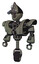 Droid containing grey alien style head and metal grate eyes and alien bug creature hat and heavy upper chest and heavy mech chest and unicycle wheel. Concrete grey metal.