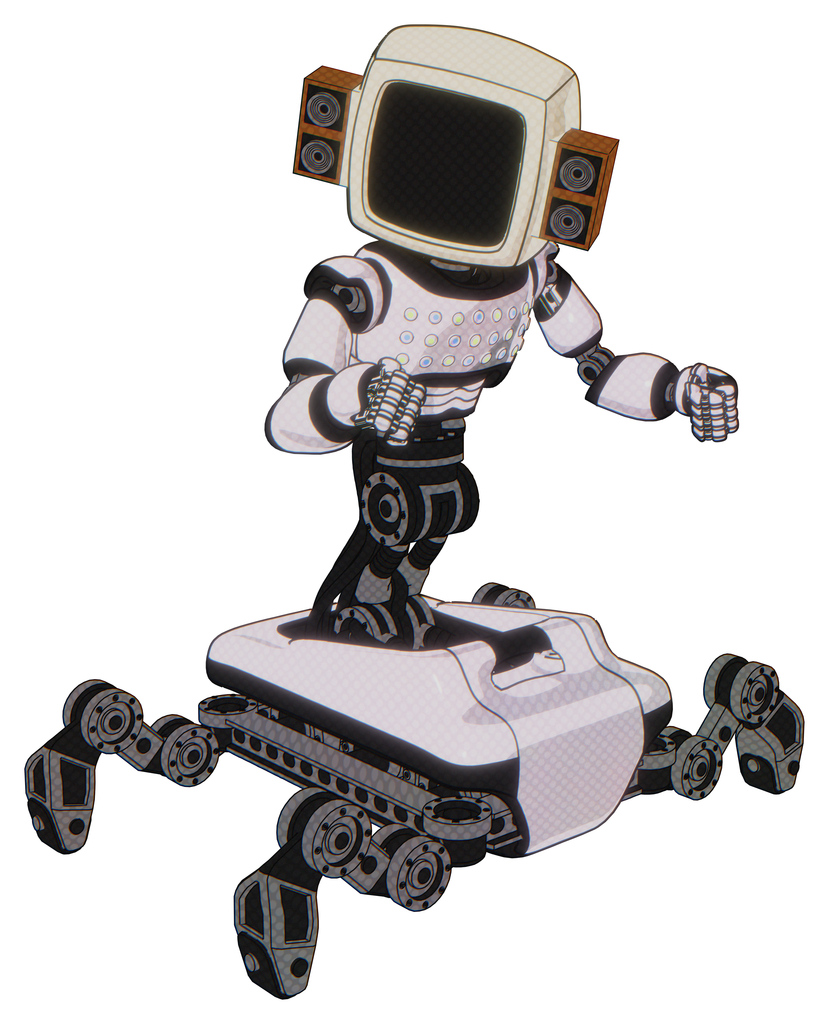 Mech containing old computer monitor and old retro speakers and light chest exoshielding and chest green blue lights array and insect walker legs. White halftone toon. Fight or defense pose..