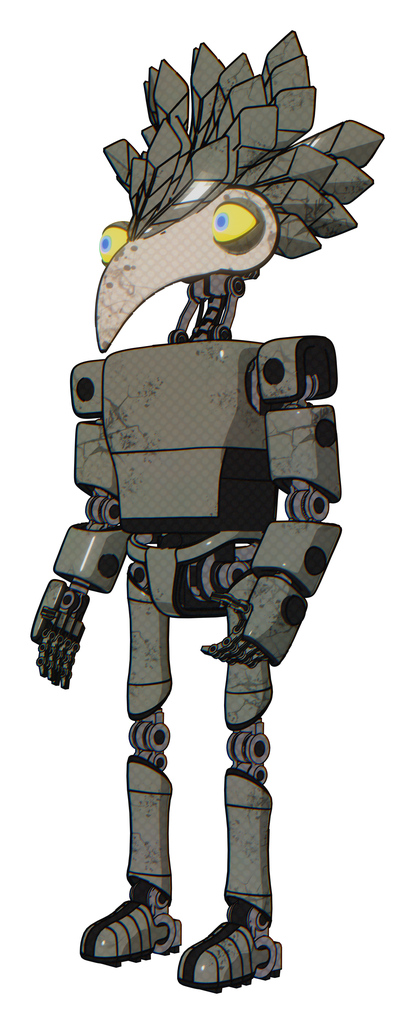 Mech containing bird skull head and big yellow eyes and bird feather design and light chest exoshielding and prototype exoplate chest and ultralight foot exosuit. Concrete grey metal.