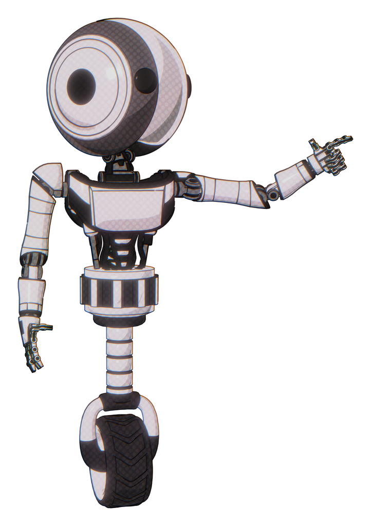 Cyborg containing round head and maru eyes and light chest exoshielding and ultralight chest exosuit and unicycle wheel. White halftone toon. Pointing left or pushing a button..