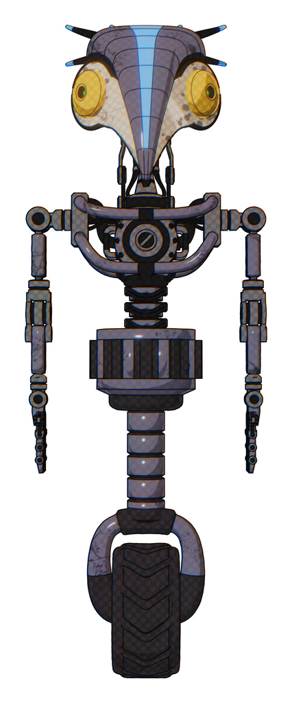 Automaton containing bird skull head and brass steampunk eyes and head shield design and light chest exoshielding and no chest plating and unicycle wheel. Light lavender metal. Front view.