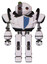 Mech containing oval wide head and small red led eyes and green led ornament and heavy upper chest and blue shield defense design and prototype exoplate legs. White halftone toon. Front view.