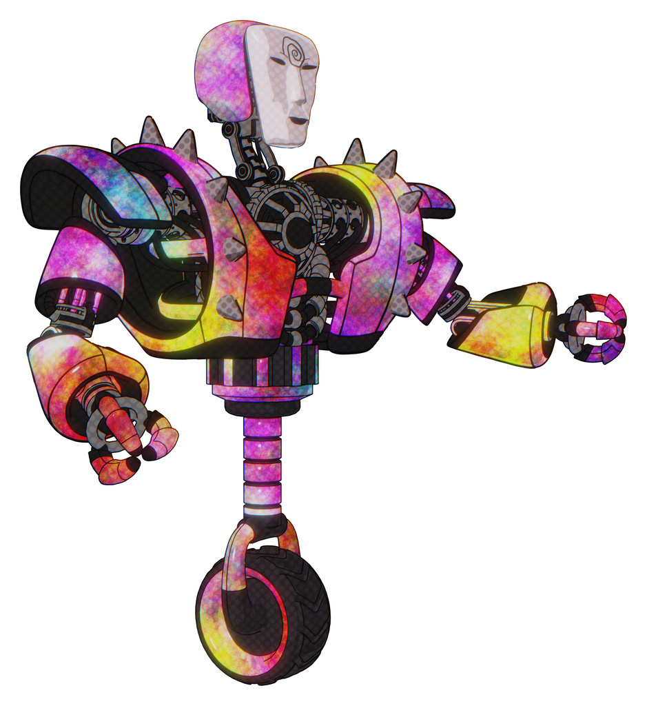 Cyborg containing humanoid face mask and spiral design and heavy upper chest and heavy mech chest and shoulder spikes and unicycle wheel. Plasma burst. Interacting.