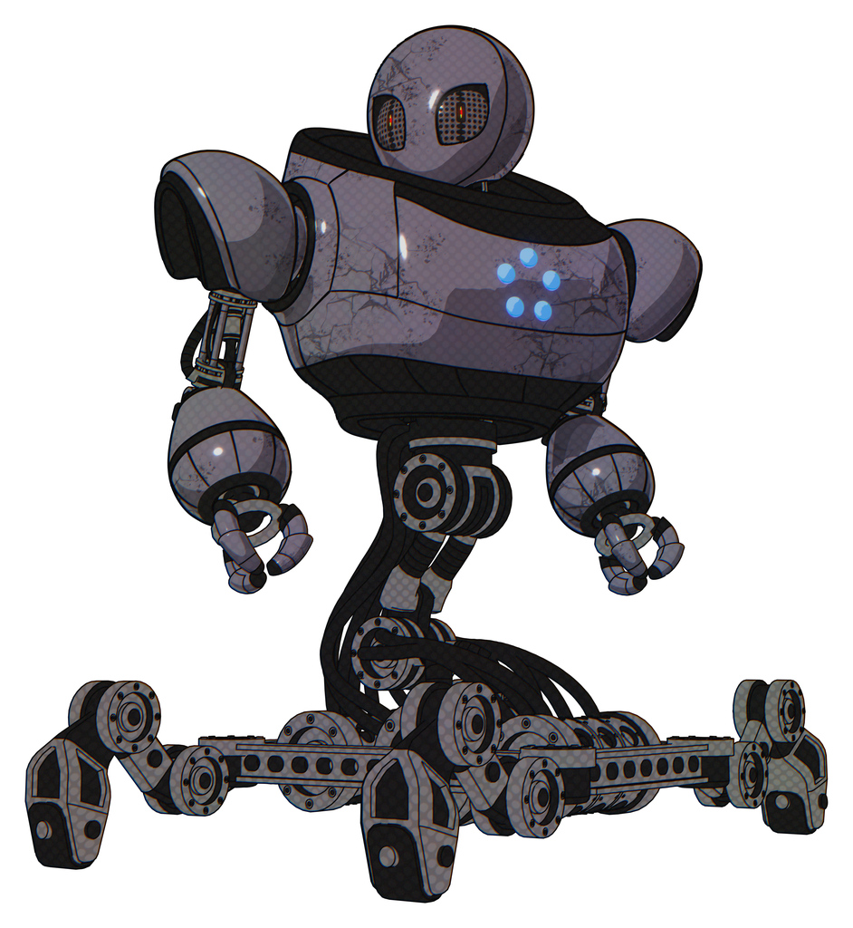 Cyborg containing grey alien style head and metal grate eyes and heavy upper chest and circle of blue leds and insect walker legs. Light lavender metal. Hero pose.