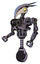 Bot containing bird skull head and big yellow eyes and head shield design and heavy upper chest and no chest plating and unicycle wheel. Matted pink metal. Facing right view.