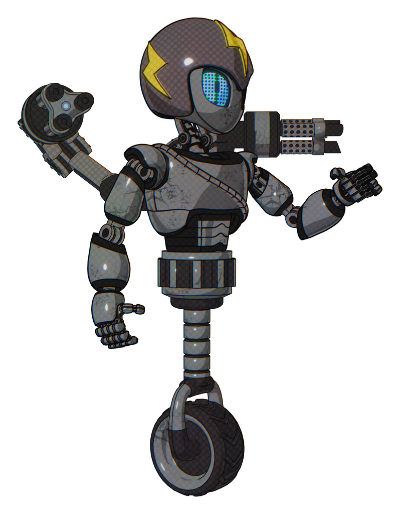 Droid containing grey alien style head and blue grate eyes and lightning bolts and gray helmet and light chest exoshielding and cable sash and minigun back assembly and unicycle wheel.